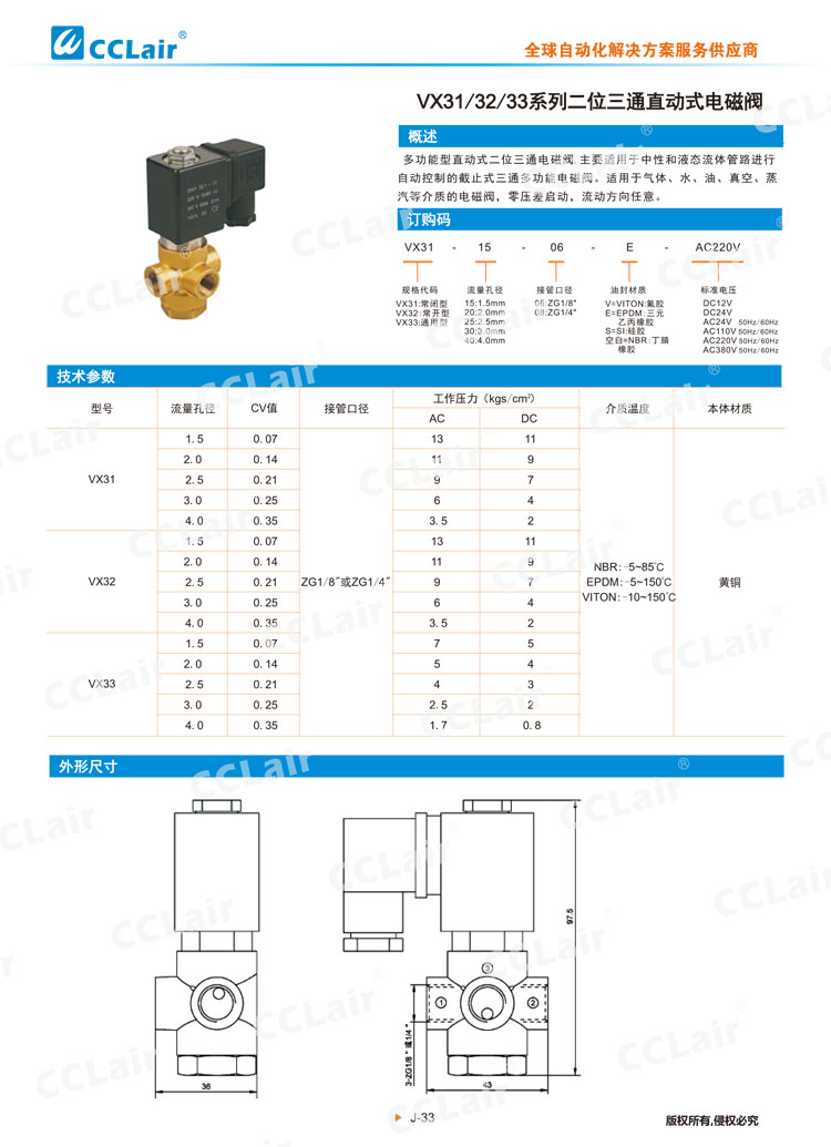 VX31、32、33系列二位三通直動式電磁閥